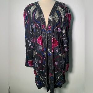Vintage 80s Sequin beaded Embellished Black Natural Silk cardigan Size 1X fun